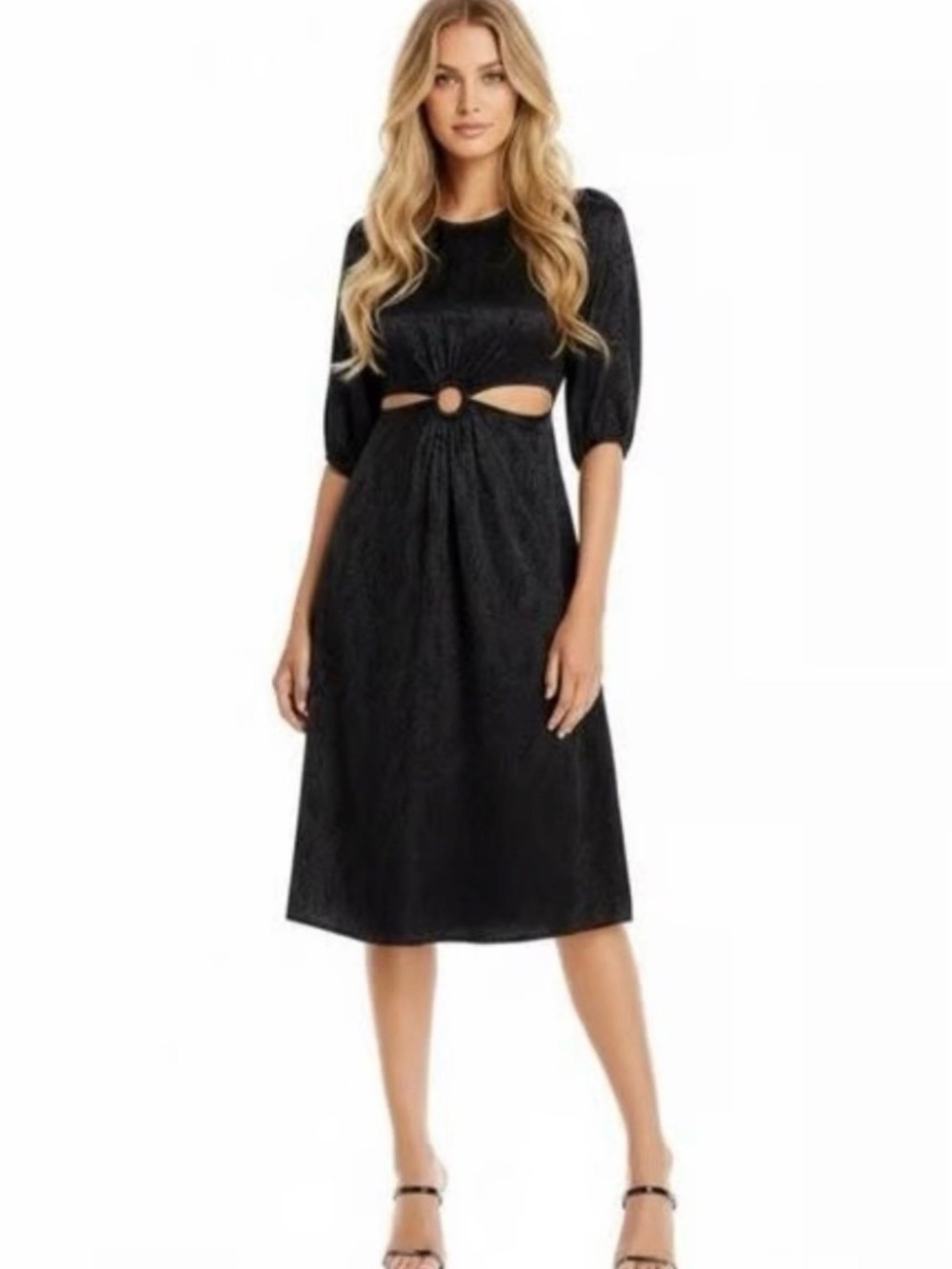 Aqua Cutout O Ring Midi Dress XS Black Puff Sleeve Cocktail Party Wedding Chic